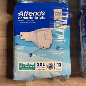 2 Packages - 24 Attends Bariatric Adult Brief 2XL 12 Count Ea Heavy‎ Absorbency